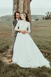A-line Lace Half Sleeves Backless Vintage Wedding Dresses, Bridal Gown